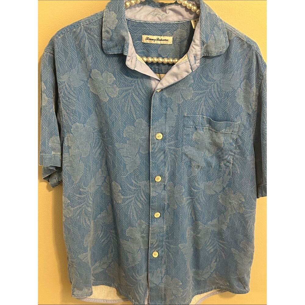 Tommy Bahama Men's M Blue 100% Silk Hawaiian Camp Shirt